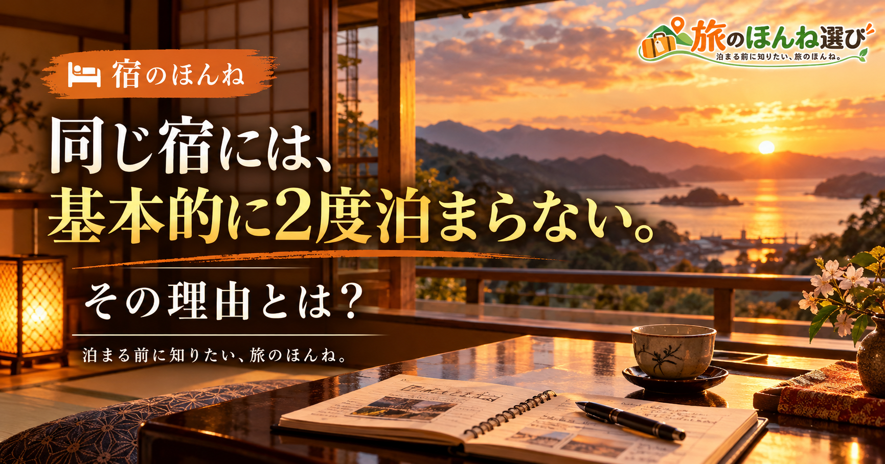 夕暮れの宿を背景に「同じ宿には、基本的に2度泊まらない。その理由とは？」と書かれた記事画像